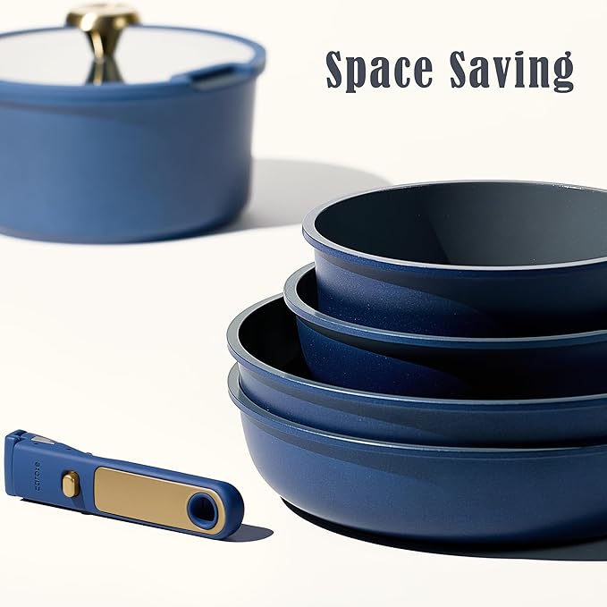 CAROTE Blue&ampGold Ceramic Cookware Set Non Toxic PFAS Free15Pcs Pots and Pans Set Non Stick Detachable/Removable HandleKitchen Cooking Set Dishwasher Safe Nonstick Pot and Pan Induction Cookwa