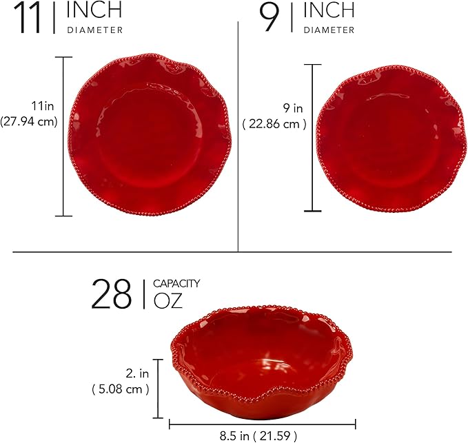 Perlette Red Melamine Dinnerware Set – 12-Piece Scalloped Plates &amp Bowls Vibrant Glossy Finish Elegant Beaded Rim Durable &amp Lightweight – Service for 4 Indoor/Outdoor Use