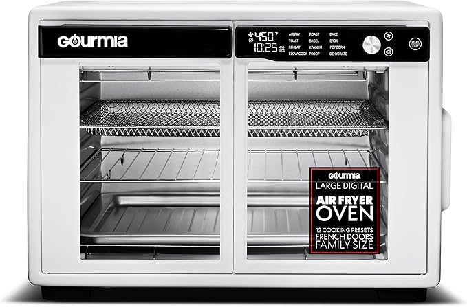 Gourmia French Door Air Fryer Oven - 37 Qt Large Capacity Convection Toaster Oven FryForce 360° Digital Display 12 Cooking Presets Dehydrate Fits 13” Pizza Dishwasher-Safe White