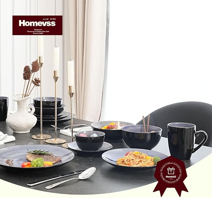 Stoneware Sonoma 56pc Dinnerware Set Black + Speckled Spin Wash Cobalt