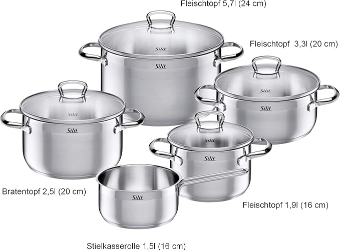 WMF Pot Set 5 Piece Toskana Pouring Rim Glass Lid Stainless Steel Suitable for Induction Hobs Dishwasher Safe