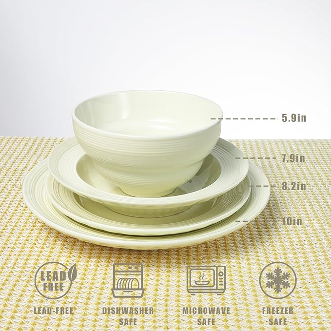 Dinnerware Set for 6 Modern Stoneware Dish Set 24-Piece Porcelain Plates and Bowls Set Ceramic Kitchen Dinner Set Service for 6 Microwave and Dishwasher Safe Lvory (24pcs lines)