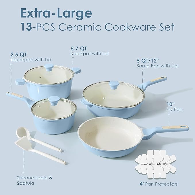 SENSARTE Nonstick Ceramic Cookware Set Large 13-Piece Healthy Pots and Pans Set Dishwasher Safe Non-toxic Kitchen Cooking Set with Stay-Cool Handles Induction Compatible PFAS Free Blue