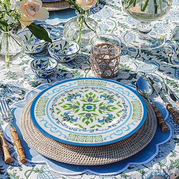 Melamine Dinnerware Sets 12 Pcs Melamine Plates Party Plates and Bowls Sets Camping Dishes Set for 4 Unbreakable BPA-Free Dishwasher Safe （Green flowers）