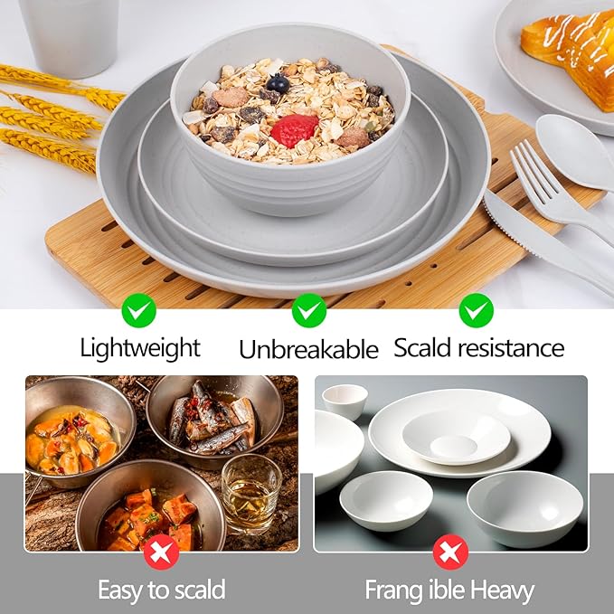 EI 42pcs Wheat Straw Dinnerware SetUnbreakable Reusable Plastic PlatesBig Bowls and Pltes for KitchenGrey Plates and Bowls Setsfor Family DinnerCampingPicninc