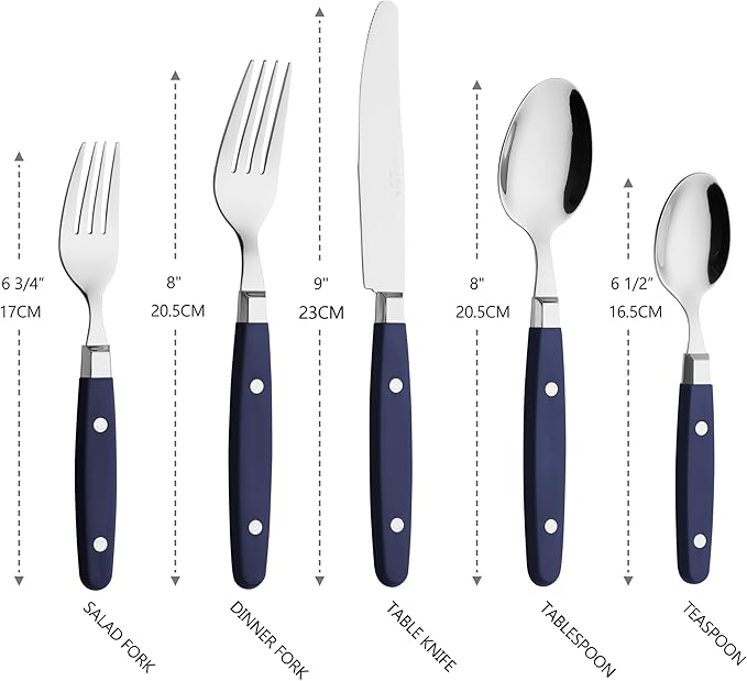 ANNOVA Silverware Set Retro/Rivet Colorful Stainless Steel Tableware Kitchen Flatware Set Utensils Includes Dinner Knives Forks Spoons Salad Forks &amp Dessert Spoons (Navy Blue 20 Pieces)