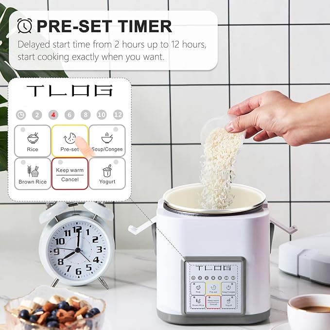 TLOG Mini Rice Cooker 2.5 Cups Uncooked Healthy Ceramic Coating Portable Cooker 1.2L Travel Small for 1-3 People Personal maker Food Steamer 12 Hours delay timer Multi-cooker Grains Oats