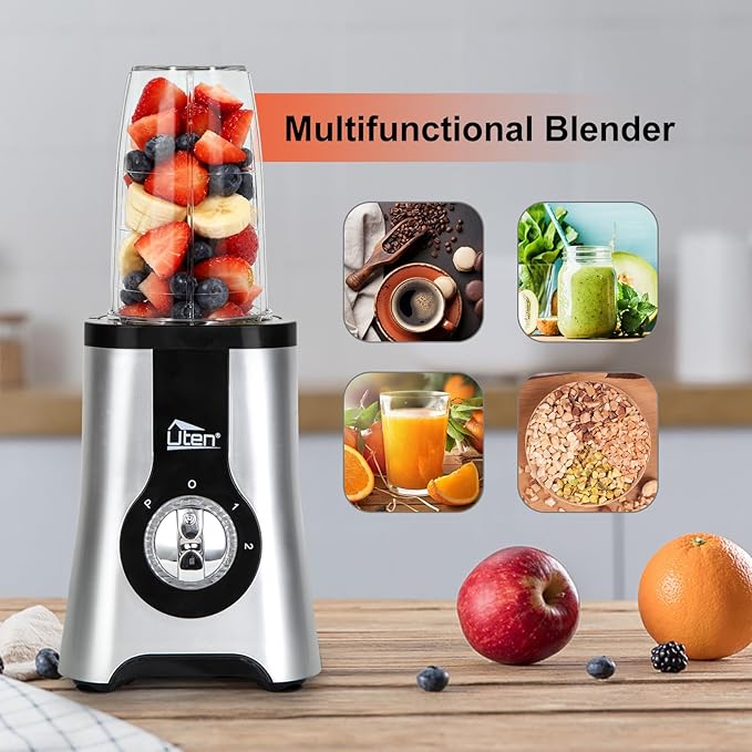 Uten 5-in-1 Smoothie Blender 42 oz/1.25L Multi-Functional Mixer Smoothie Maker Juicer Grinder with 304 Stainless Steel Blades BPA-Free Dishwasher Safe Includes 3 Blender Cups &amp 2 Travel Bot