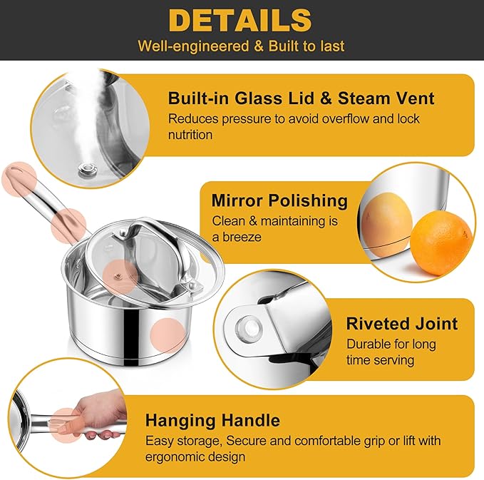 Walchoice 15-Piece Stainless Steel Cookware Set 3-Ply Base Kitchen Pots and Pans Set Non-toxic Induction Cooking Set Including Frying Pan Saucepan Oven &amp Dishwasher Safe All Stoves Compatible
