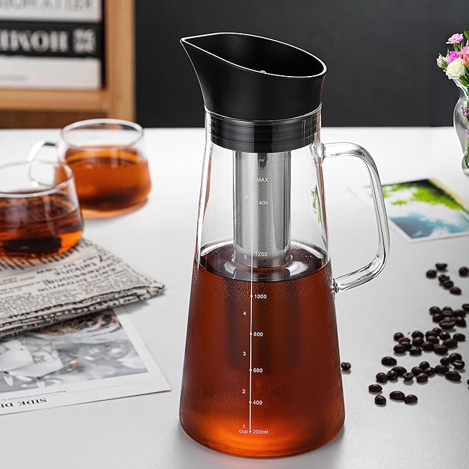 FixtureDisplays® 51oz/1.5L Cold Hot Full Immersion Brew Iced Coffee Maker Pitcher and Ice Tea Brewer with Spout &amp Silicone Seals Glass Pitcher with 304 Stainless Steel Fine-Mesh Filter 22112-2D