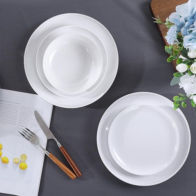 Webbylee 12-Piece Melamine Dinnerware Set for 4 – Unbreakable Plates &amp Bowls Lightweight Two-Tone White &amp Grey Ideal for Family Meals Camping Picnic Parties