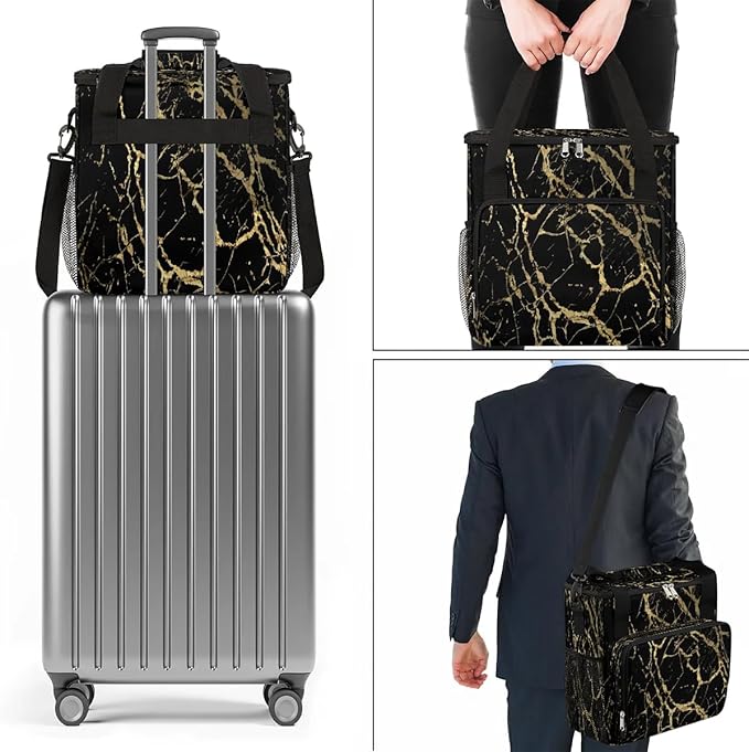 Black Marble Gold Texture Coffee Maker Carrying Bag Compatible with K-Mini or K-Mini Plus Portable Single Cup Coffee Maker Case with Pockets for K Cup Pods