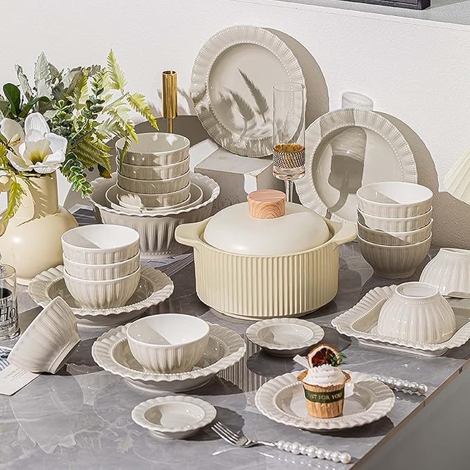 Elegant Ceramic Dinnerware Set High-Grade Gray Plates Bowls and Dishes for Family Use Complete Tableware Set Modern Design Dishwasher &amp Microwave Safe