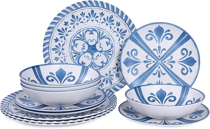 Melamine Dinnerware Sets for 4 12-Piece Plates and Bowls Sets - 4 Dinner Plates 4 Salad Plates 4 Cereal Bowls - Shatterproof &amp Lightweight for Indoor/Outdoor Dining Embossed Textures