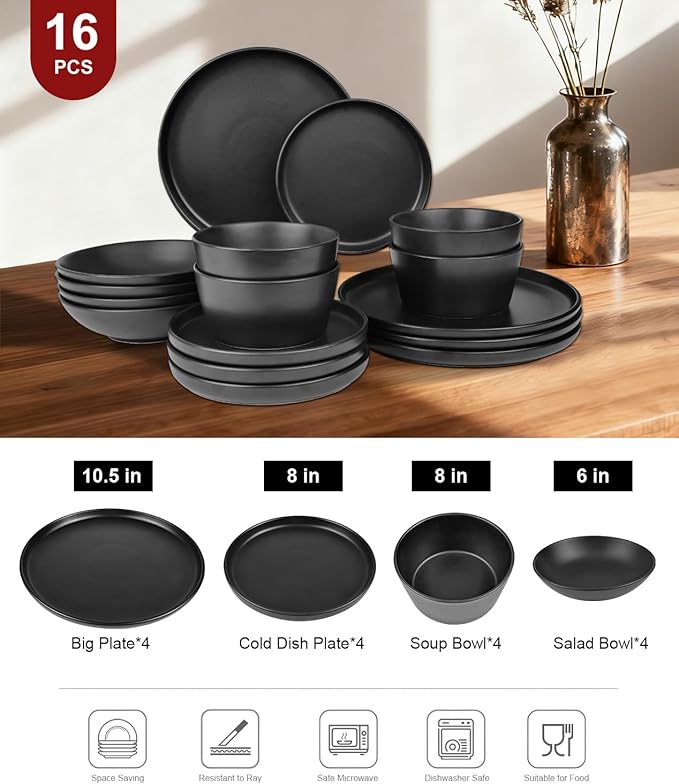 16 Pieces Ceramic Dinnerware setPlates and Bowls Sets for 4Black Dinnerware Set for Kitchen Modern Design Plate Sets with Black Rim Microwave and Dishwasher Safe