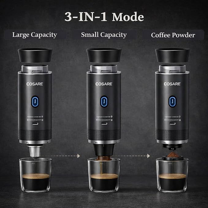 3 in 1 Espresso Coffee Maker – Single ServeGround Coffee Compatible – 19 Bar Pump Fast Heating Compact Design Espresso Portable Machine with Milk Frother for Home &amp Office Use (Black)
