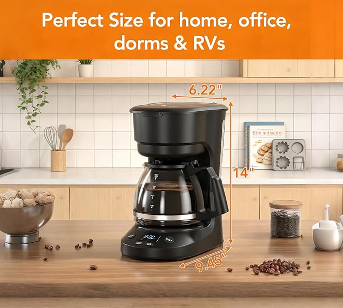 Compact 5-Cup Programmable Drip Coffee Maker — the essential coffee machine with Digital Clock 24-hour Timer Auto Shut-Off and a Removable Filter Basket for Home &amp Office.