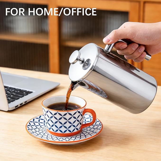 French Press Coffee Maker 304 Grade Stainless Steel French Press with 2 Extra Filters for Home Office Travel Camping - 34OZ/1 Litre (Sliver)