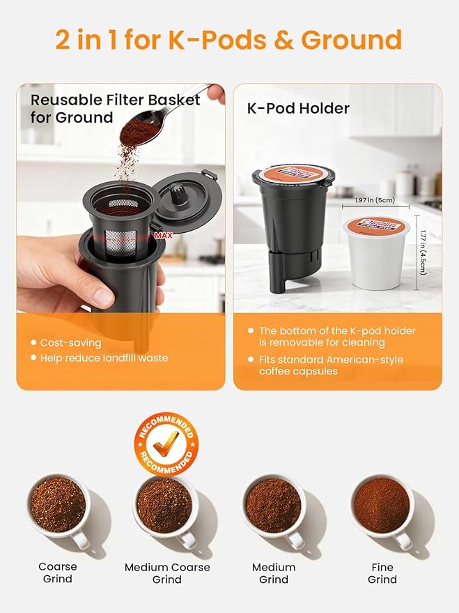 K Cup Coffee Maker Hot &amp Iced Coffee Maker for K Cup and Grounds 6-14 Oz Brew Sizes 50oz Removable Tank Single Cup Coffee Maker with Descaling Reminder Stainless Steel Black