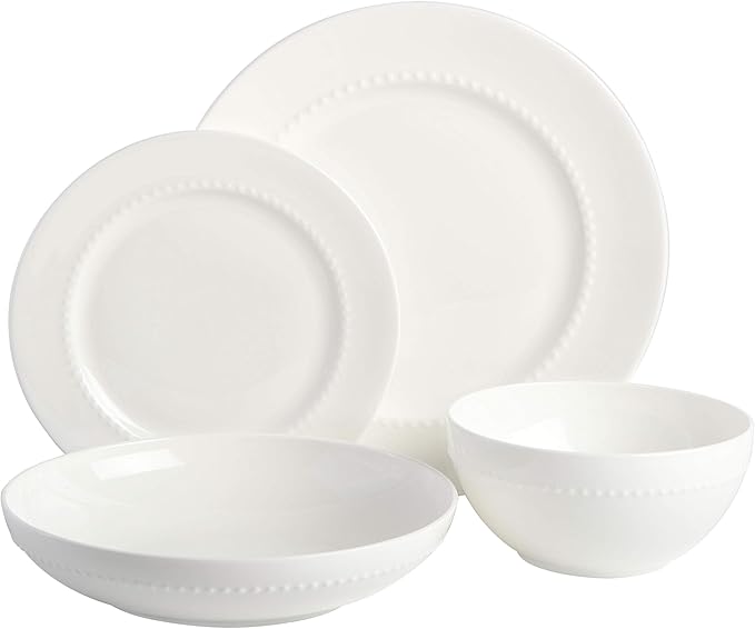 Gibson Elite Embossed Bone China 16-Piece Double Bowl Dinnerware Set Service for 4 – White Elegant Plates and Bowls