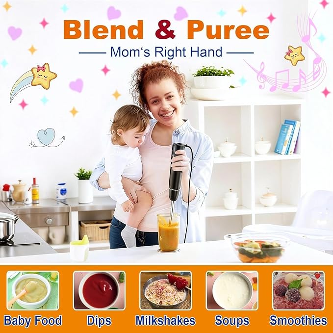 Upgraded Blender Handheld 1100W 20 Speed Settings Max 15500 RPM 5 in 1 Hand Blender with Milk Frother Handheld Food Processor Batidora De Mano Electrica Kitchen Appliances Black