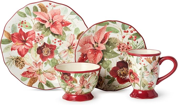 Winter Blooms 16-Piece Romantic Holiday Dinnerware Set – Elegant Floral Plates Mugs &amp Bowls for 4 – Dishwasher &amp Microwave Safe Christmas Tableware with Poinsettia Charm
