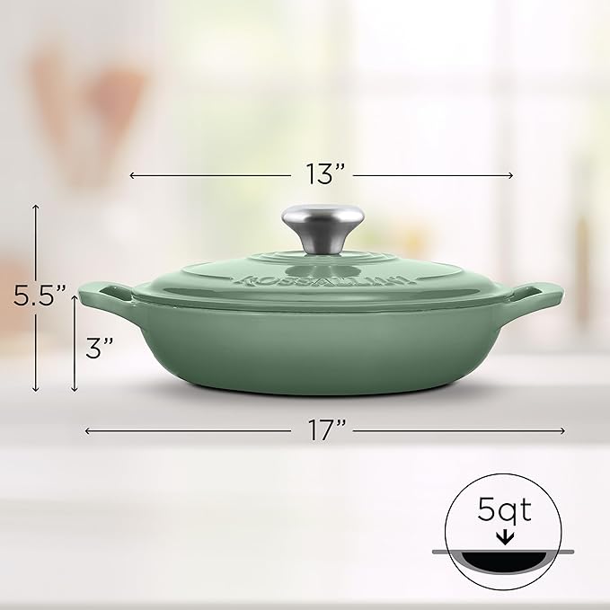 Signature Enameled Cast Iron Braiser Non-Stick Serving Pot with Tight Fitting Lid for Perfect Roasting Baking Sauteing Searing and Pan Frying | 5Q (4.7L) - Sage