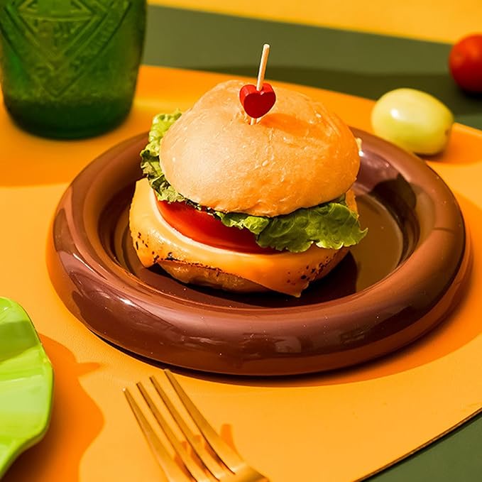 Burger Plate Set - Stackable Ceramic Dinnerware | Cute Appetizer Serving Plates with Smooth Glazed Finish Durable Oven Design &amp Space Saving Stackable Structure for Parties Picnics Home D