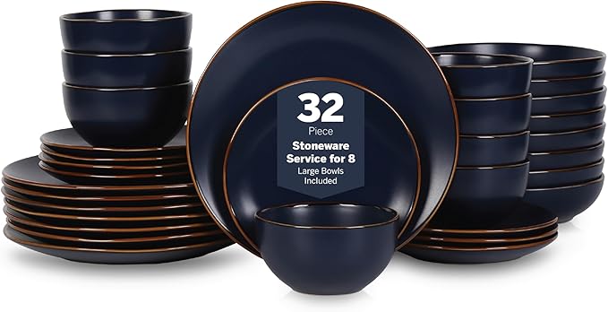 Stone Lain Brasa Stoneware 32 Piece Modern Dinnerware Sets Plates and bowls Service for 8 Blue Microwave &amp Dishwasher Safe