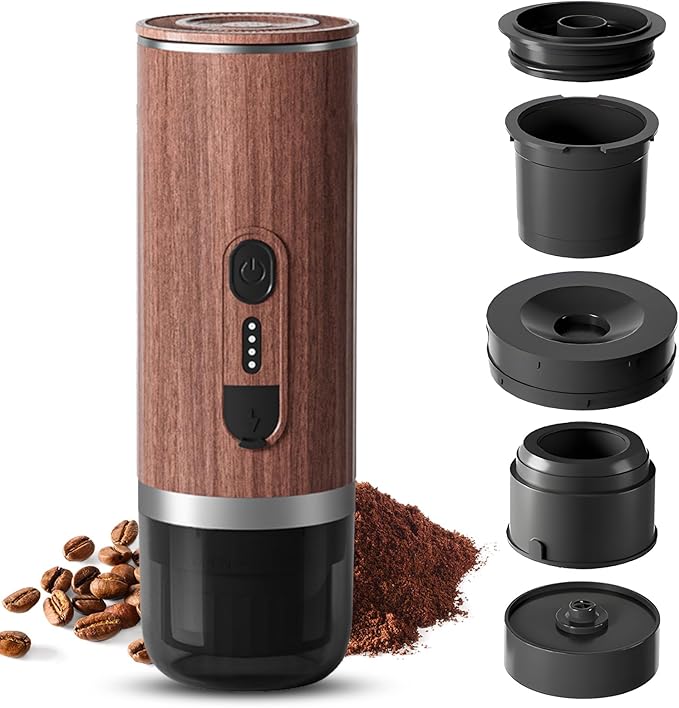 Portable Electric Coffee Machine - Cordless Heating 3oz Mini Coffee Maker 3-in-1 Brewer with 20Bar Pump Pressure and 7500mAh Battery for Camping and Travel Use (Wood)