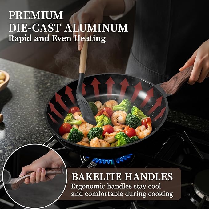 Kikcoin 16Pcs Pots and Pans Set Nonstick Ceramic Cookware Sets Induction Kitchen Cooking Set Non toxic Healthy Non Stick w/Grill Pan Saute Pan Black