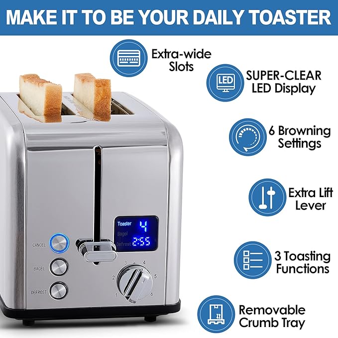 CUSIMAX Stainless Steel 2 Slice Toaster with LED Display Extra-wide Slots 6 Browning Settings Cancel/Bagel/Defrost Removable Crumb Tray Silver