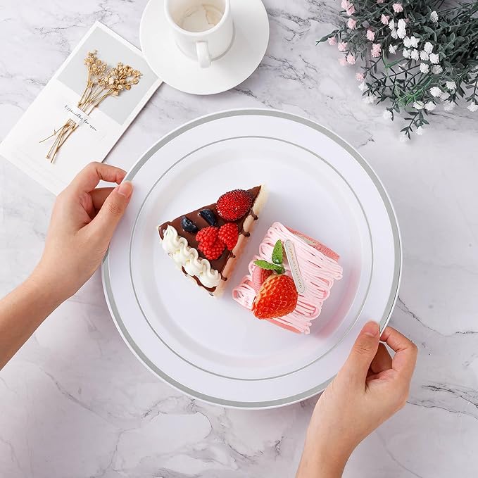 BESTVIP 200PCS Silver Plastic Plate Disposable Party Plates with 100 Dinner Plates and 100 Dessert Plates Plastic Plates for Party Wedding and Birthday