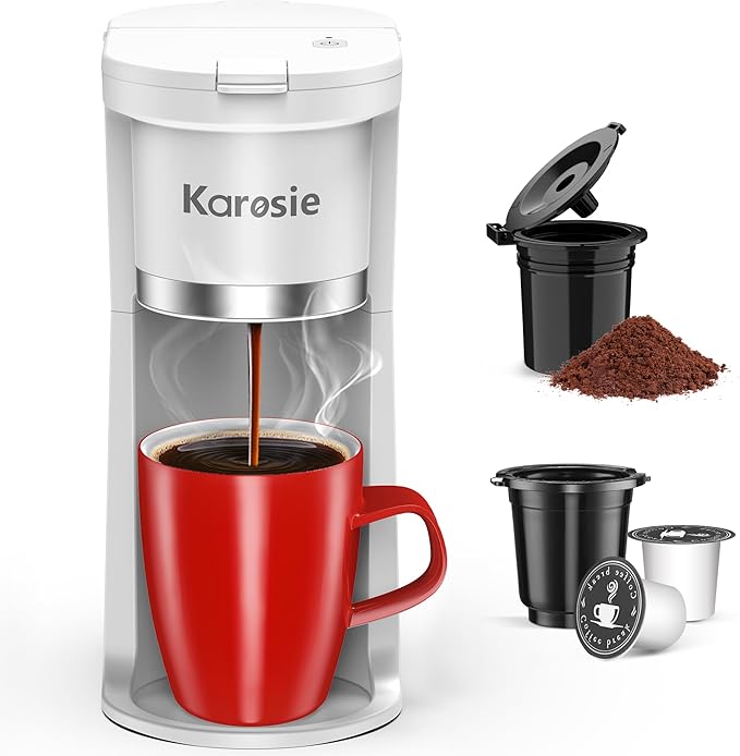 Small Single Serve Coffee Maker Fast Brew for K-Cup &amp Ground Coffee 6-12 Oz Brew Sizes One-Button Single Cup Coffee Maker Coffee Machine with Descaling ReminderWhite9.45 Inches