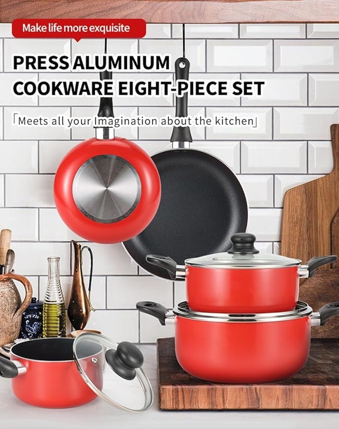8-Piece Nonstick Cookware Set Red Kitchen Pots &amp Pans Dishwasher &amp Oven Safe Induction Ready Even Heat Distribution