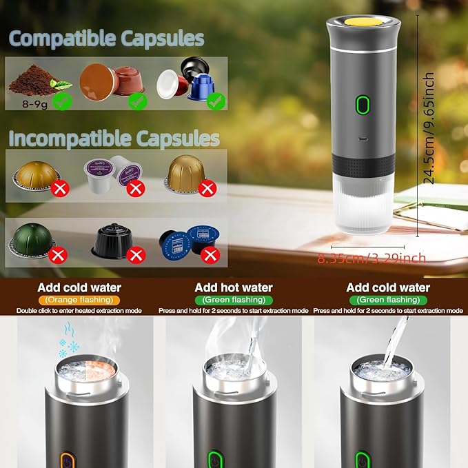 Mini Electric Espresso Coffee Machine Small Self-Heating Portable Car Coffee Maker with Capsule and Ground Coffee for Office RV Travel Camping Hiking (gray)