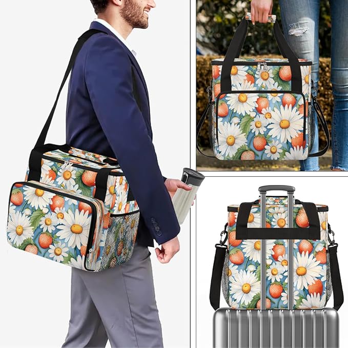 Strawberry Daisy Coffee Maker Carring Bag Travel Carrying Storage Tote Bag Compatible with Keurig K-Mini or K-Mini Plus Portable Single Serve Coffee Brewer Case with Pockets for K-cup Pods