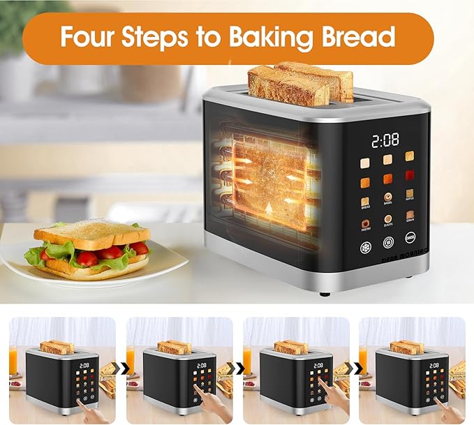 Touch screen Toaster 2 Slice Digital Timer Toasters with 6 Bread Types &amp 6 Shade Settings Smart Extra Wide Slots Toaster with Bagel Defrost Reheat Cancel Function