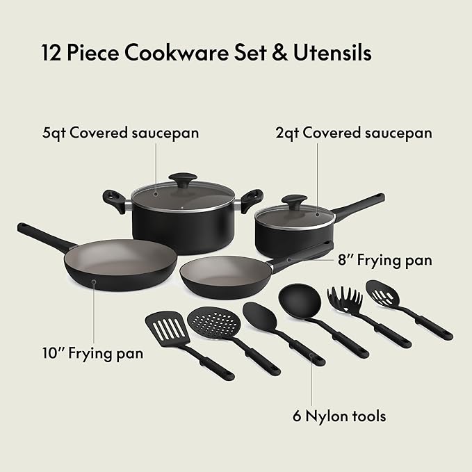 bella 12 Piece Cookware Set with EverGood™ Ceramic Nonstick Coating Dishwasher &amp Oven Safe All Stovetops Compatible Tempered Glass Lids and Cool Touch Handles Black