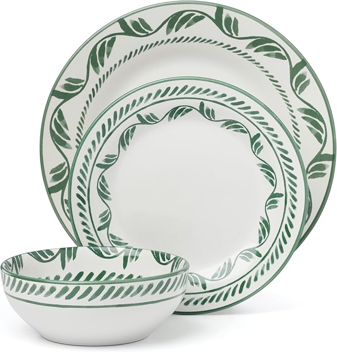 Oneida Dinnerware Set Solear Green 12-Piece Set Service For 4 Stoneware Material Dishwasher Safe &amp Microwave Safe Home Kitchen And Dining Dinner Plates And Bowls Sets (Green 12 Pieces)