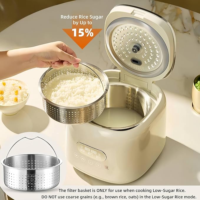 Mini Rice Cooker 5 cup Low Sugar Rice Cooker with 304 Stainless Steel Nonstick Inner Pot、Steamer Basket Multifunction Smart Touch Control with Keep-Warm &amp 24H Delay Timer