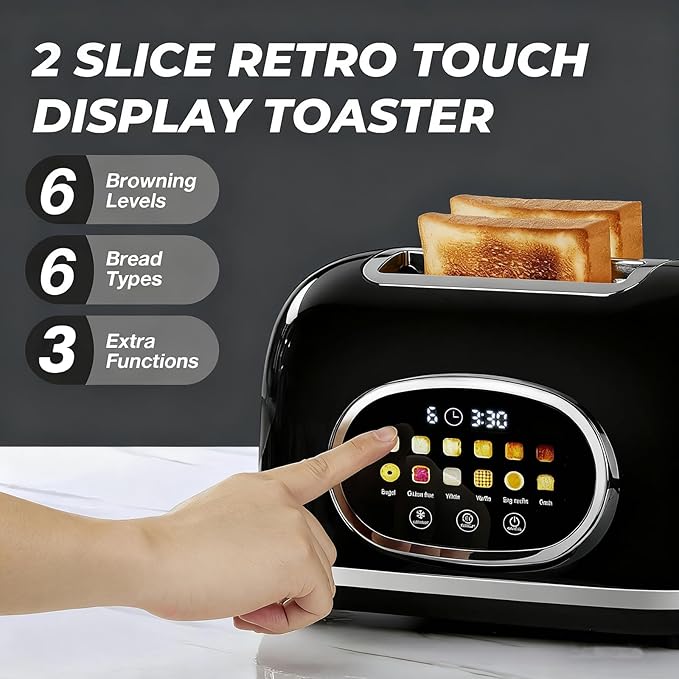Roter Mond 2 Slice Toaster Smart Touch Screen Retro Stainless Steel Bread Toaster with Digital Timer Sleep Mode Bagel Cancel and Defrost Functions 6 Bread Types and Shade Settings Black
