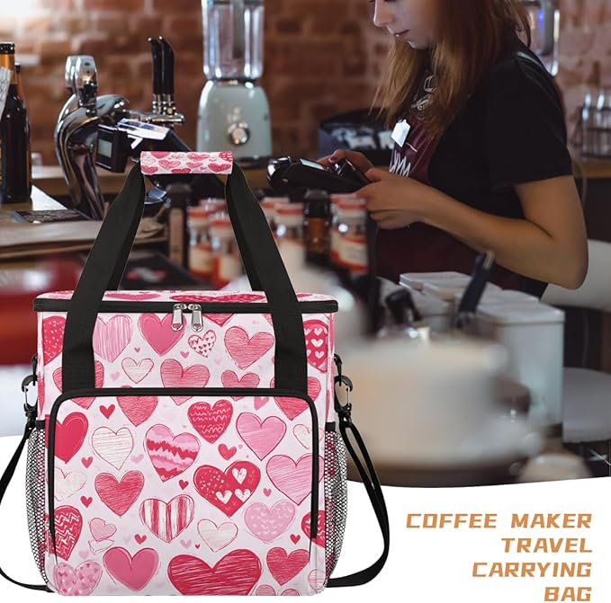 Valentine Pink Red Heart Coffee Maker Carrying Bag Coffee Machine Travel Storage Bag Compatible with K-Mini or K-Mini Plus Portable Single Serve Coffees Brewer Case with Pockets for K-Cup Pods