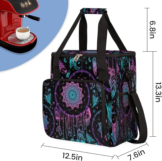 Dreamcatcher Mandala Coffee Maker Carrying Bag Coffee Machine Travel Storage Tote Bag Compatible with K-Mini or K-Mini Plus Portable Single Serve Coffee Brewer Case with Pockets for K-Cup Pods