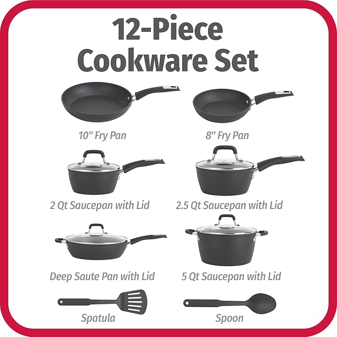 GoodCook 12-Piece Micro-Divot Nonstick Aluminum Cookware Set with Pans Dutch Oven Spoon and Turner Black (6184)