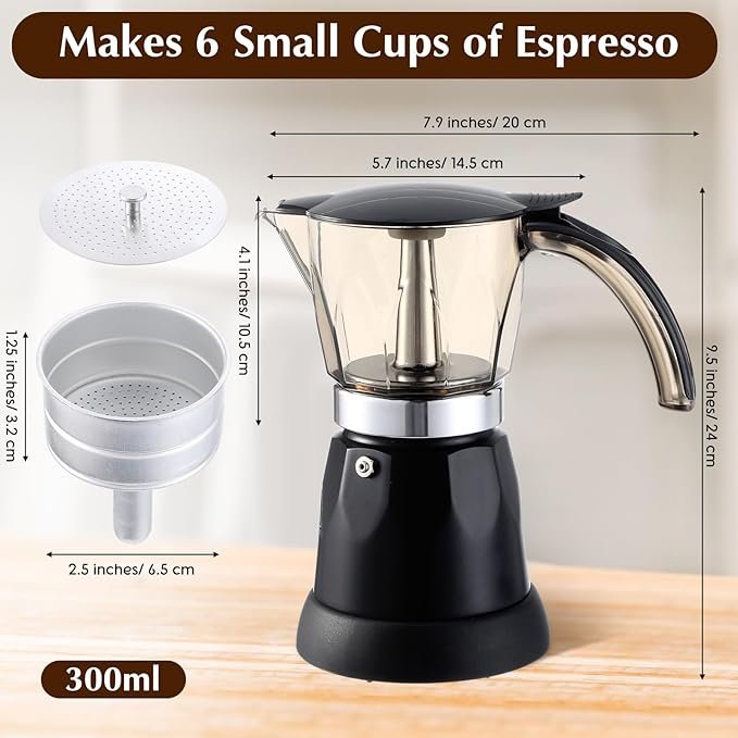 Electric Espresso Maker Transparent Coffee Maker Electric Moka Pot Portable Aluminum Espresso Machine Italian Moka Pot with Detachable Base Coffee Gift for Women Men Home Travel(Black6 Cup)