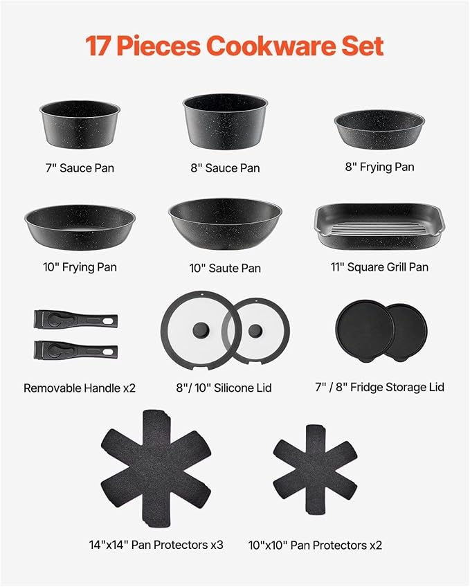 17 Piece Granite Nonstick Pots And Pans Set Induction Compatible Kitchen Cookware Black
