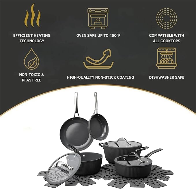 12 Pc Ceramic Cookware Set Nonstick Pots Pans and Fry Pans – Ceramic Non-Stick Ribbed Cookware Set Ergonomic Stay Cool Handles 446°F Oven Safe Dishwasher Safe (Grey)