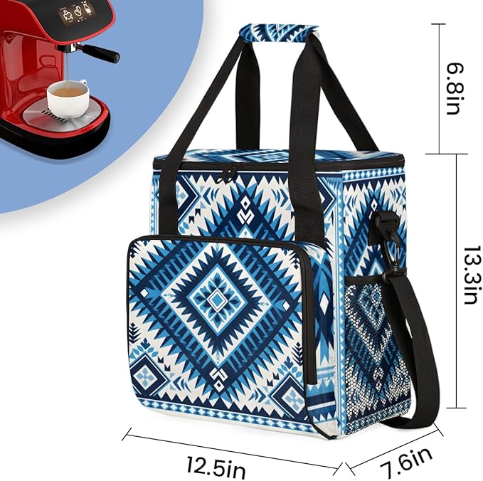Blue Geometry Aztec Coffee Maker Carrying Bag Portable Travel Storage Tote Bag Compatible with K-Mini or K-Mini Plus Single Serve Coffee Brewer Carrying Case with Multiple Pockets &amp Shoulder Str