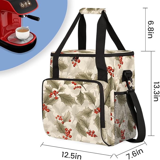 Holly Berry Flowers Coffee Maker Carrying Bag Bright Flowers Travel Storage Bag Compatible with K-Mini or K-Mini Plus Single Serve Coffee Brewer Carrying Case with Multiple Pockets &amp Shoulder St